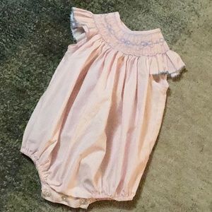 Pink striped smocked bubble suit